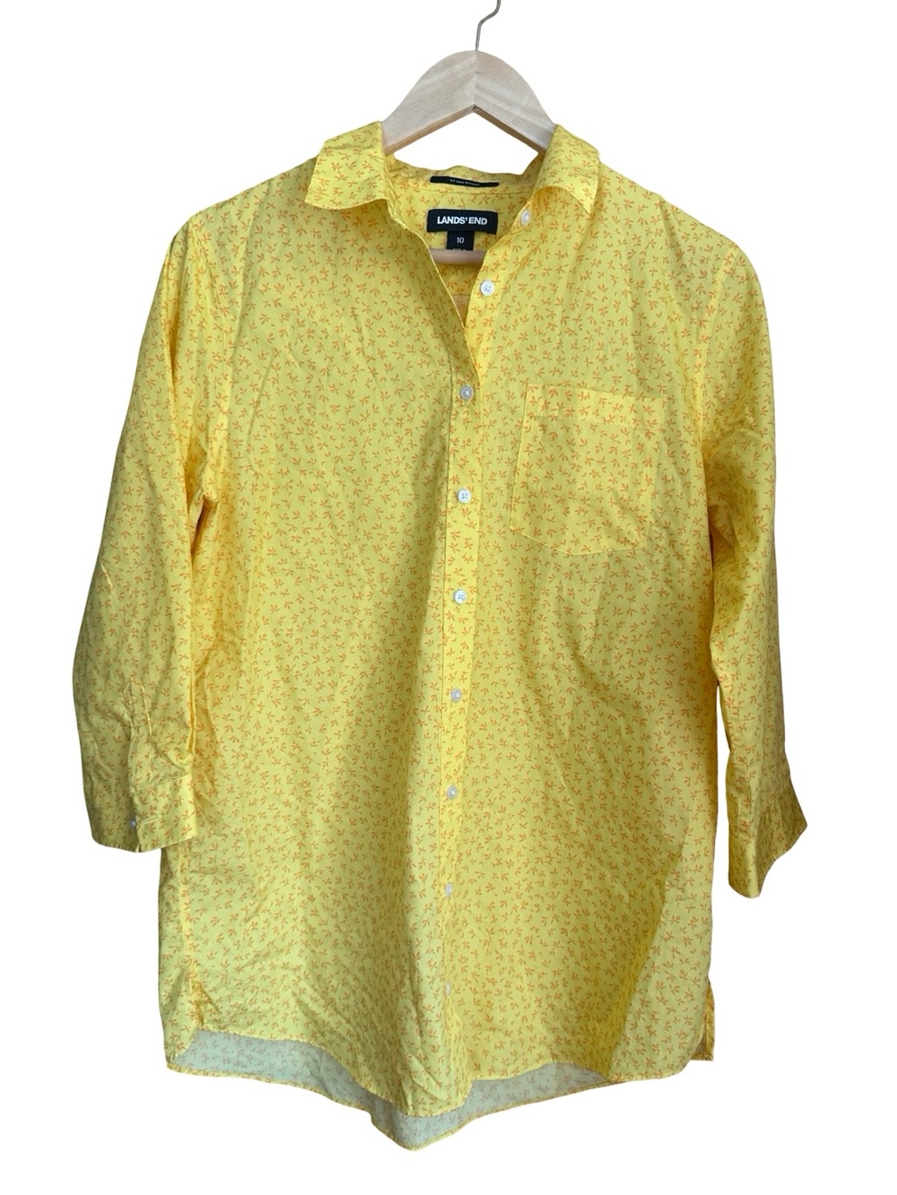 Lands End No Iron Supima Shirt Size 10 Womens Yellow Floral Button Up Blouse